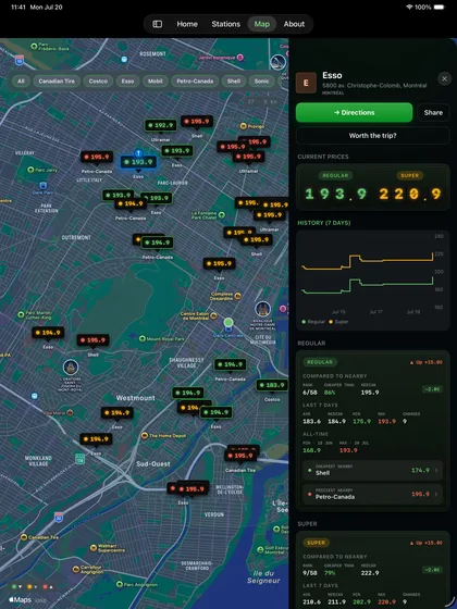 L'application iPad : carte interactive des stations avec les prix affichés